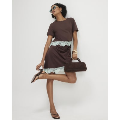 Brown Lace Satin Ruched Mini T-Shirt Dress | River Island