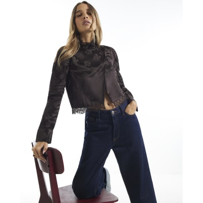 Lace Trim Satin Jacquard Top