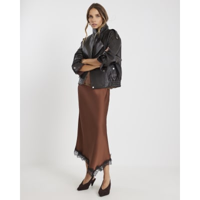 Brown Lace Trim Satin Midi Skirt
