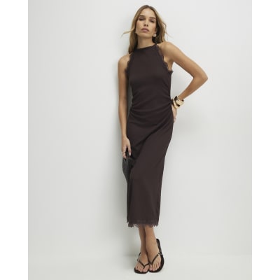 princess polly baby blue dress ASOS DESIGN lace long sleeve tie front midi dress in chocolate