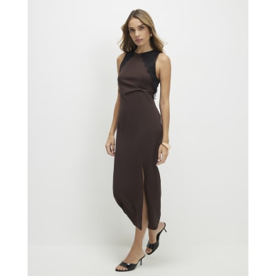 Brown Lace Trim Twist Midi Dress