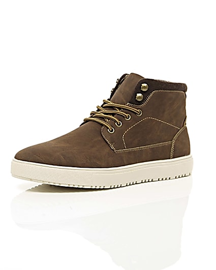 360 degree animation of product Brown lace-up high top trainers frame-0