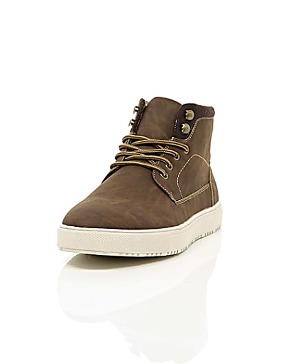 360 degree animation of product Brown lace-up high top trainers frame-2