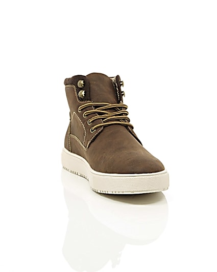 360 degree animation of product Brown lace-up high top trainers frame-5