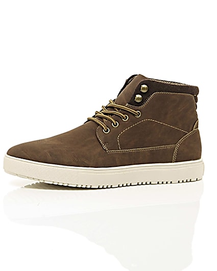 360 degree animation of product Brown lace-up high top trainers frame-23