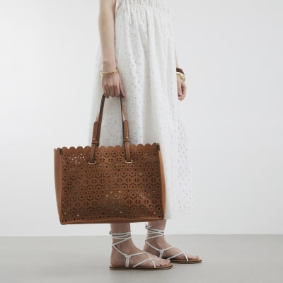 Brown Laser Cut Large Tote Bag