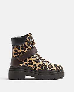 Brown leather animal print hiker boots