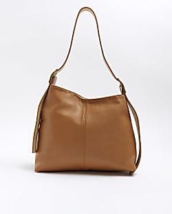 Brown leather asymmetric slouch bag