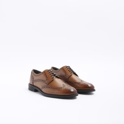 Brown leather brogue derby shoes | River Island