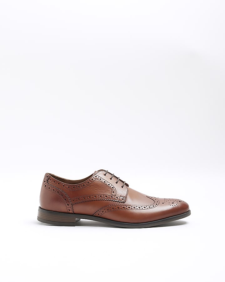 Brown leather brogue derby shoes | River Island