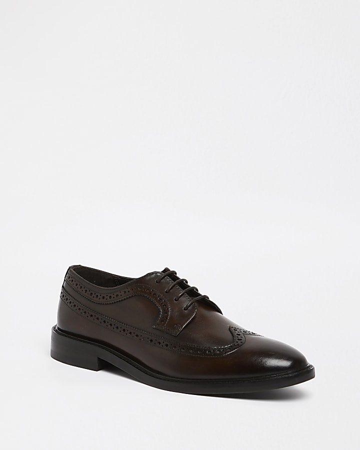 Brown leather brogue lace up derby shoes