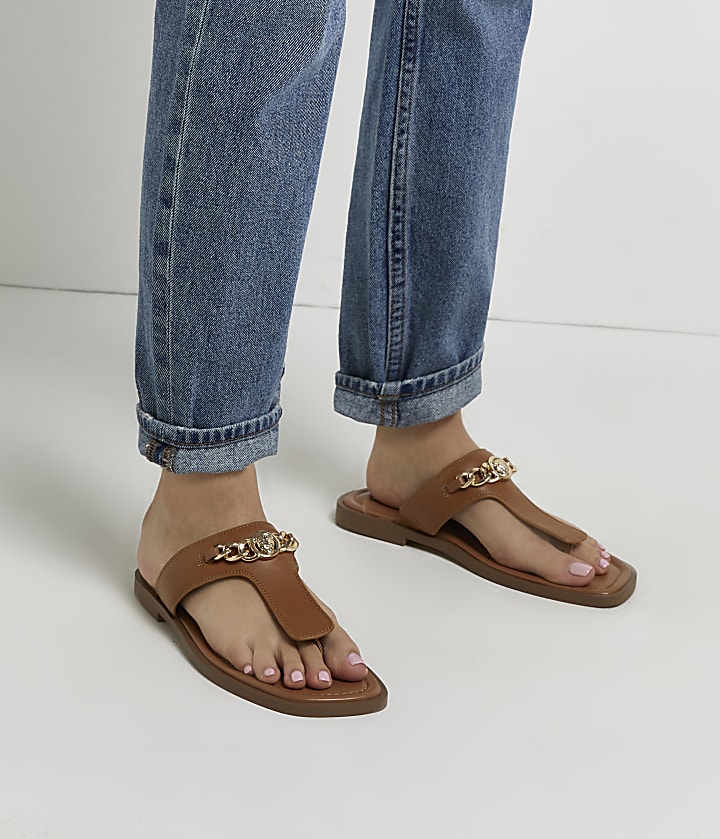 Brown leather chain link sandals