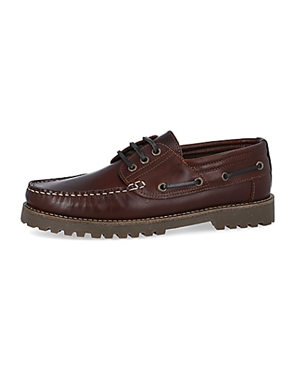 360 degree animation of product Brown leather cleated sole boat shoes frame-2