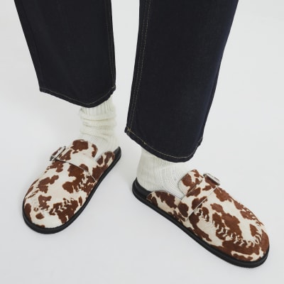 Brown Leather Cow Print Buckle Clogs River Island