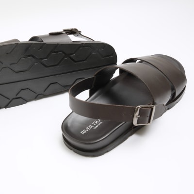 Brown leather double strap sandals