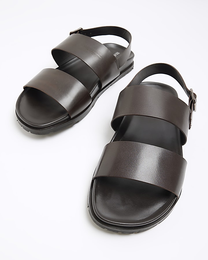 Brown leather double strap sandals