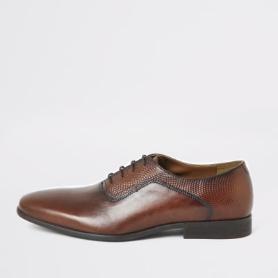 Brown leather embossed derby shoes River Island