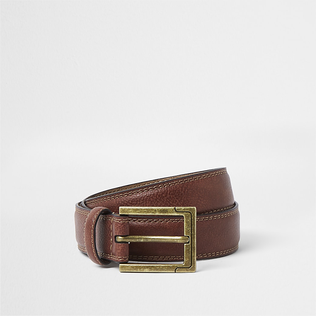 Brown leather gold buckle belt | River Island
