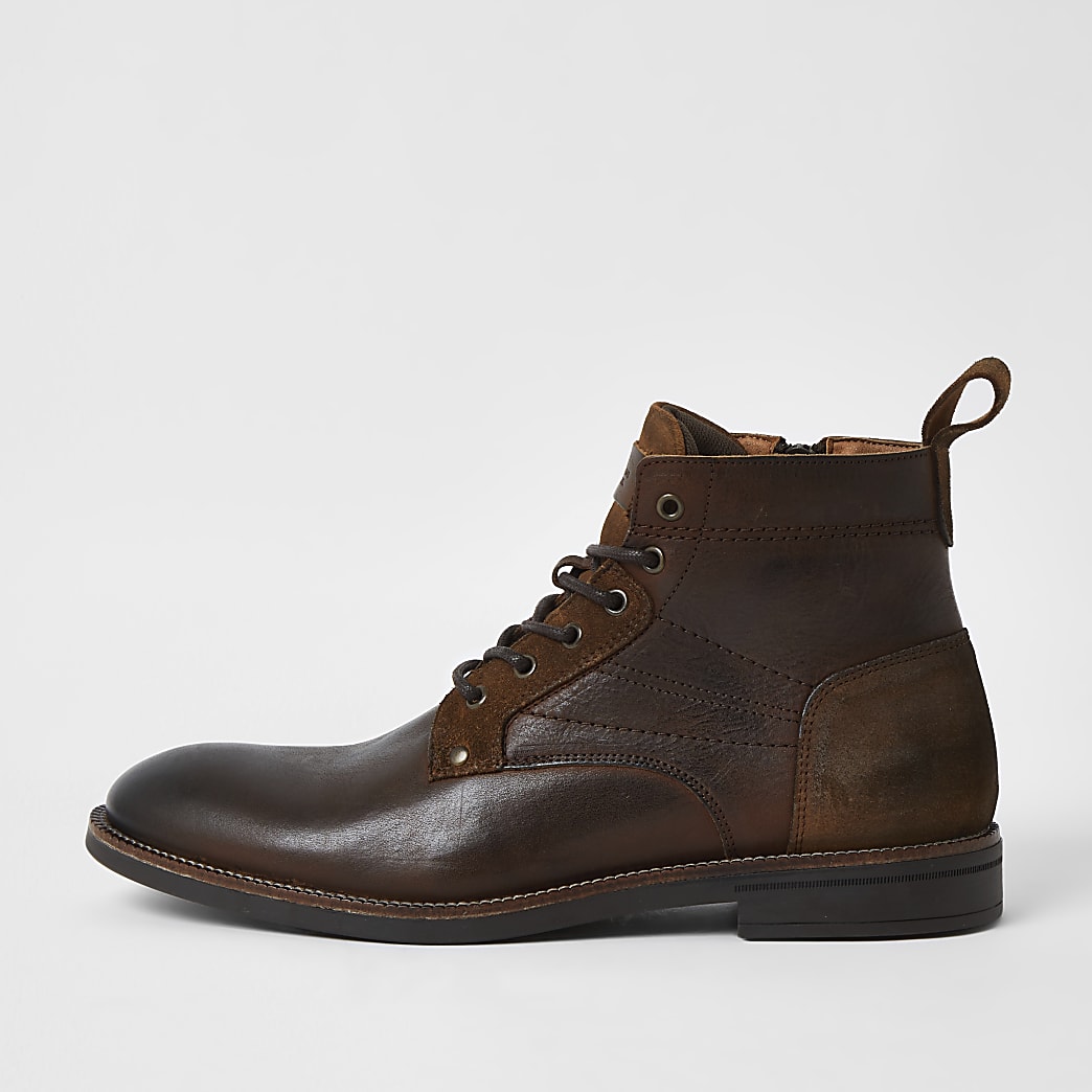 Brown leather lace up chukka boots | River Island