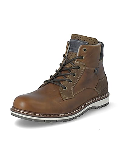 360 degree animation of product Brown leather lace-up military ankle boots frame-0