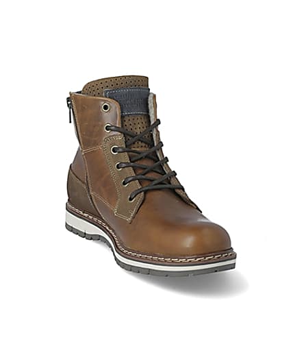 360 degree animation of product Brown leather lace-up military ankle boots frame-19