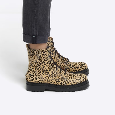 Brown leather leopard print lace up boots | River Island