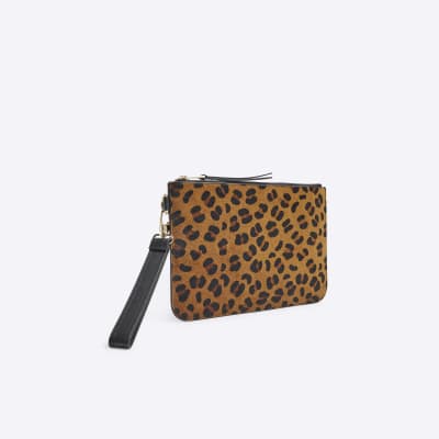 Brown Leather Leopard print Pouch River Island