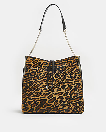 Brown leather leopard print slouch bag