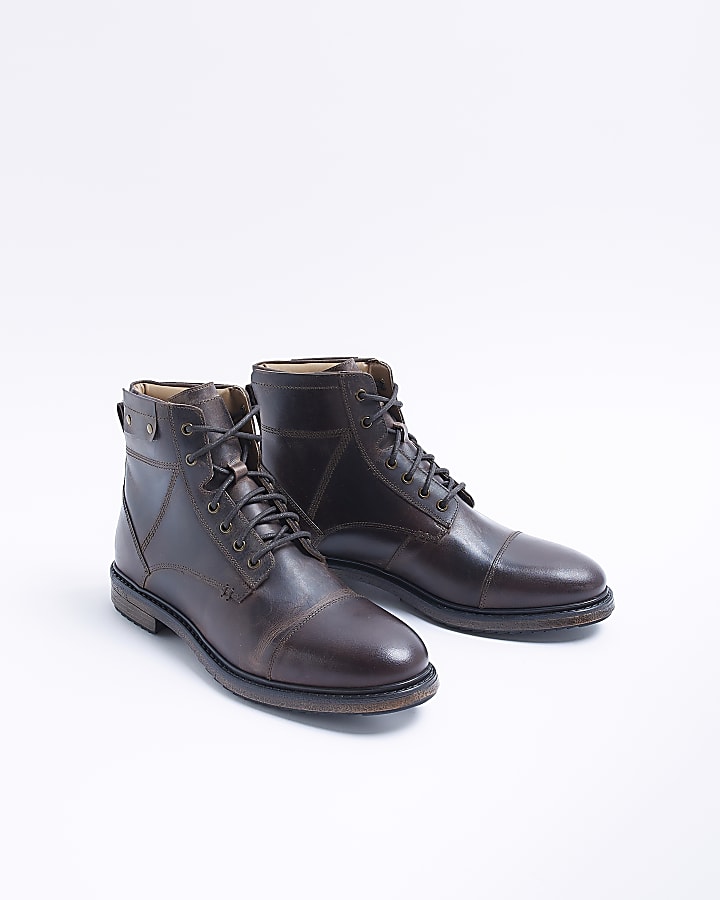 Brown leather military ankle boots