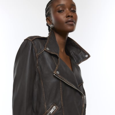 Brown leather oversized biker jacket | River Island