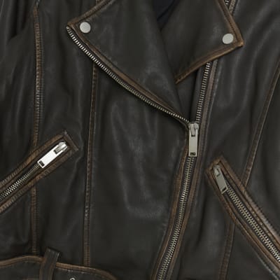 Brown leather oversized biker jacket | River Island