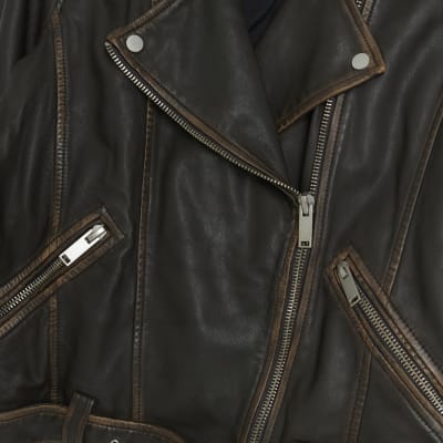 Brown leather oversized biker jacket River Island