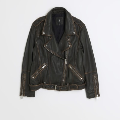 Brown leather oversized biker jacket River Island