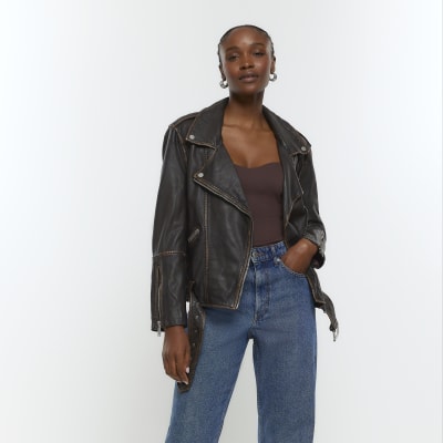 Brown leather oversized biker jacket | River Island