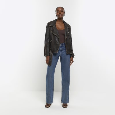 Brown leather oversized biker jacket | River Island