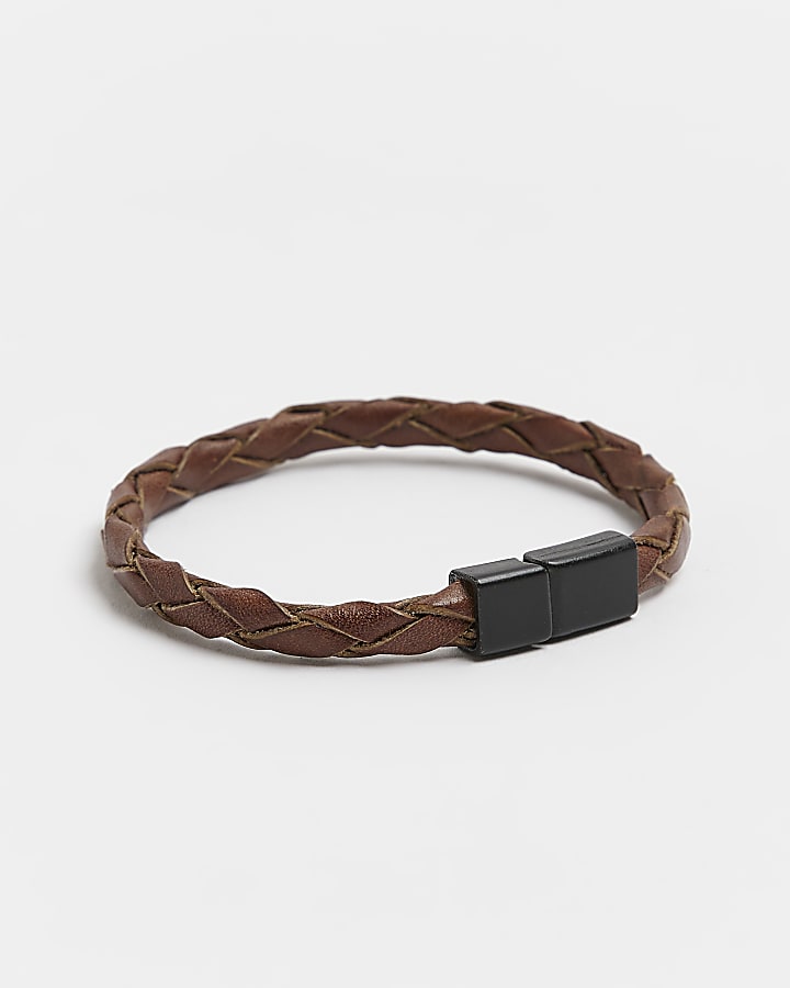 Brown leather plaited bracelet