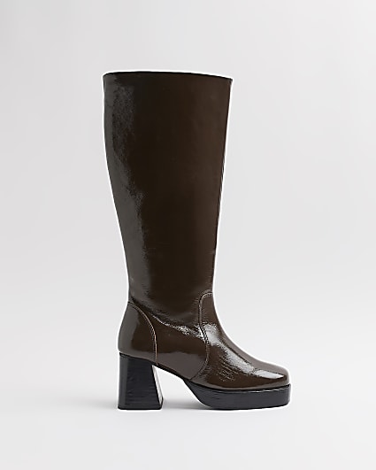 Brown leather platform knee high boots