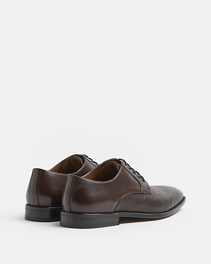 Brown leather RI monogram derby shoes