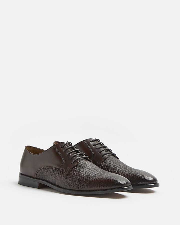 Brown leather RI monogram derby shoes