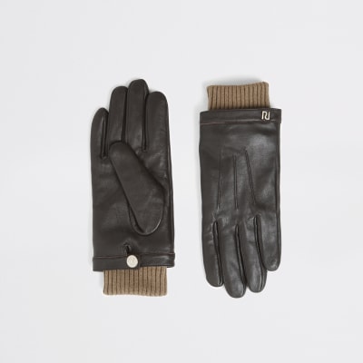 Brown leather ribbed cuff gloves River Island