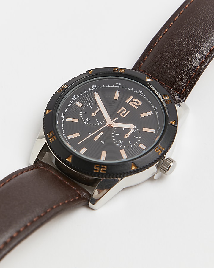Brown leather strap watch with giftbox