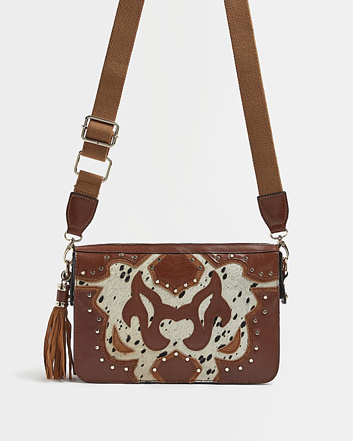 Brown leather studded cross body bag
