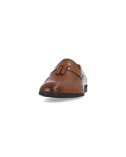 360 degree animation of product Brown leather tassel detail embossed loafers frame-22
