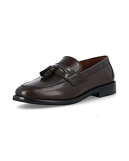 360 degree animation of product Brown leather tassel detail loafers frame-0