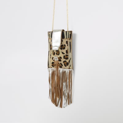 Brown leather tassel trim mini cross body bag
