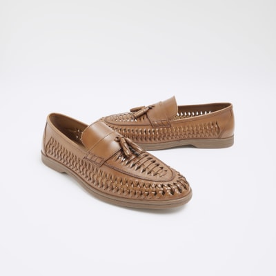 Brown leather weave loafers River Island