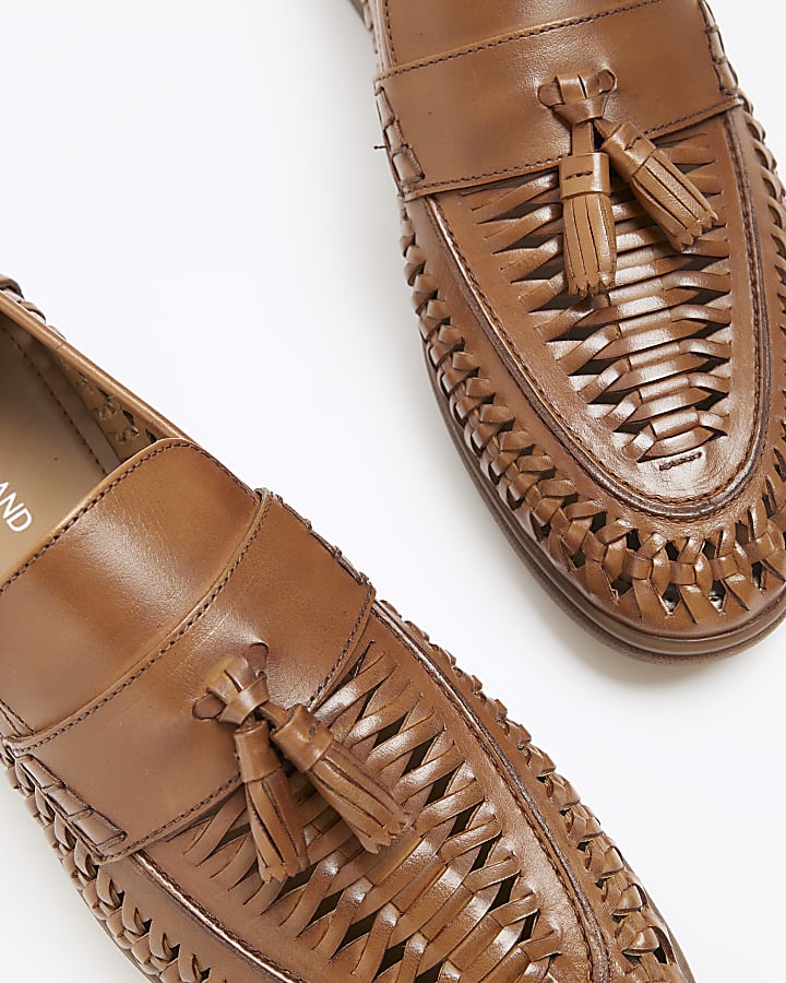 Brown leather weave loafers
