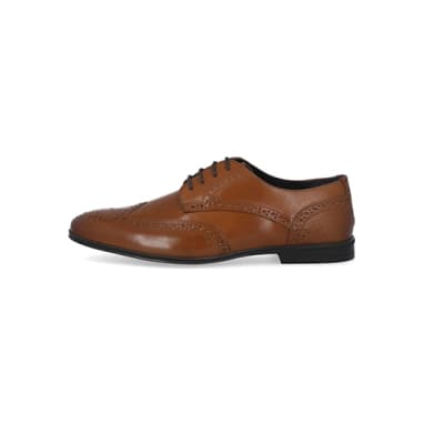 Brown leather wide fit brogue derby shoes | River Island