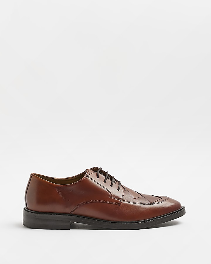 Brown Leather Woven Derby shoes
