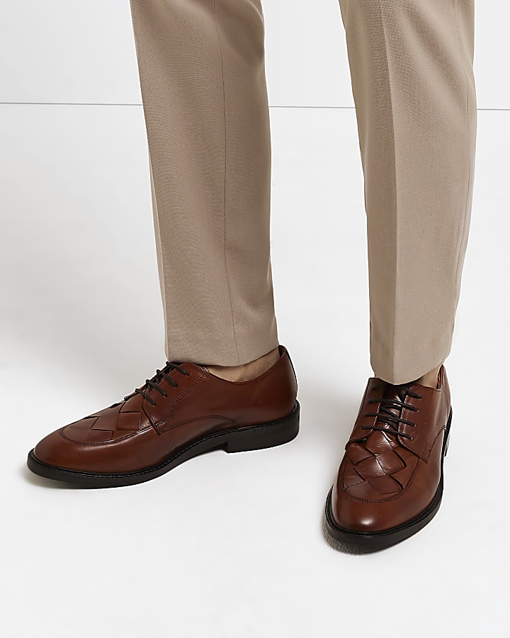 Brown Leather Woven Derby shoes